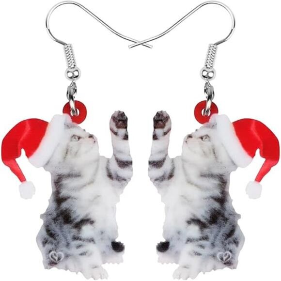 Cute Christmas Cat Dangle Earrings for Women & Girls - Charming Holiday Gifts - Picture 7 of 7